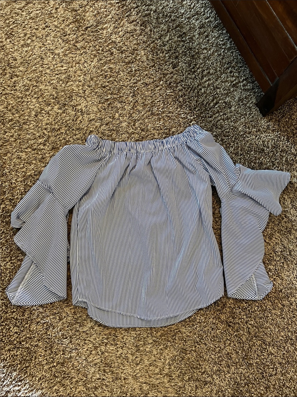 Kontrol Contemporary Striped Off-Shoulder Ruffle Sleeve Blouse Blue  and White